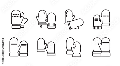 Collection of eight different winter mitten icons in a clean silhouette style