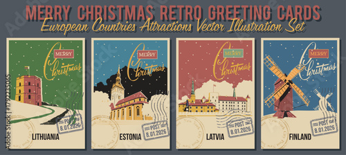 Merry Christmas Retro Greeting Cards. Lithuania, Estonia, Latvia, Finland Attractions Postcards. Old European Castle, Fortress, Windmill and Church. Retro Greeting Cards Style Illustrations