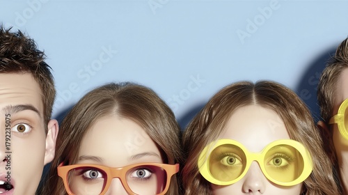 Young People Wearing Colorful Glasses Peeking From Bottom Of Frame On Blue Background. Surprise, Fun, Pop Culture, Eyewear Advertisement, Millennial Fashion Visuals