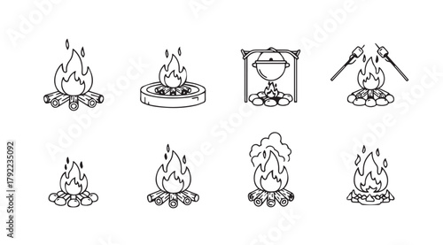 Collection of eight campfire and cooking pot illustrations in a simple line art silhouette style