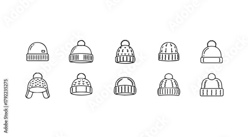 Collection of hand drawn winter beanie hat icons in a simple silhouette style