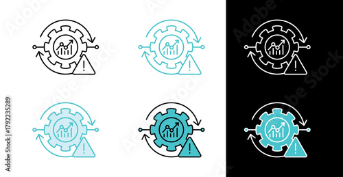 Business analytics gear with alert icon for risk management in line and fill style