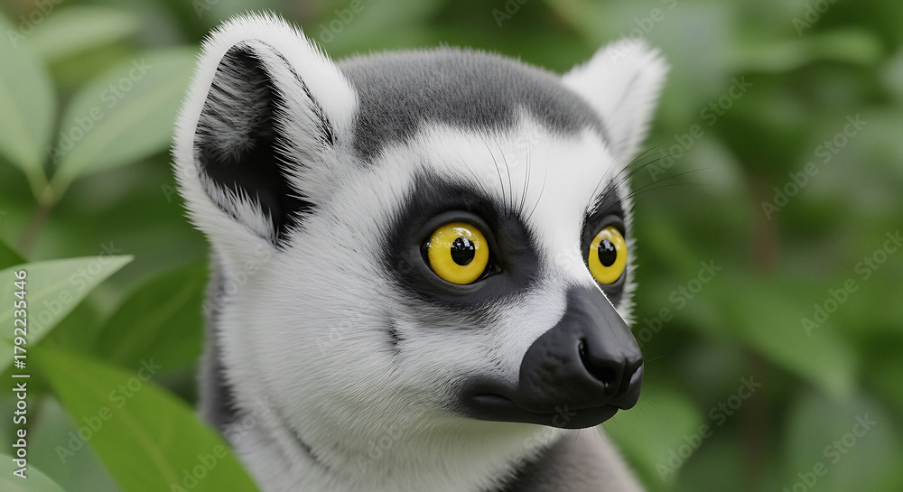 Naklejka premium Close up portrait of a ring tailed lemur with yellow eyes surrounded by green leaves in nature