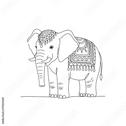 A detailed line drawing of an elephant adorned with intricate patterns and a decorative saddle