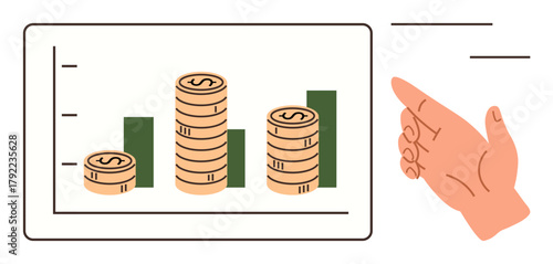 Stacked coins with increasing bar chart, hand gesture for presentation or analysis. Ideal for finance, investment, business performance, economic growth, data visualization, budgeting, simple flat