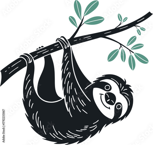Cute cartoon sloth hanging from a tree branch with green leaves