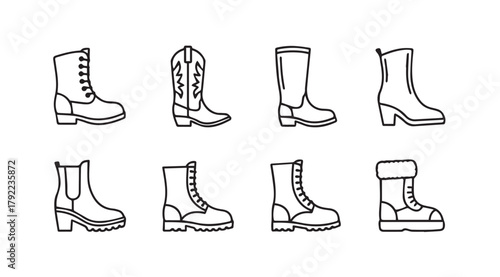 Collection of eight different boot styles presented as simple line drawings silhouette