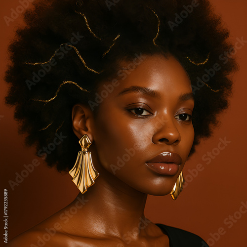 A close-up, editorial shot of a woman with a stunning afro, intricately styled with gold threads. She is wearing large, sculptural golden earrings in an Art Deco style