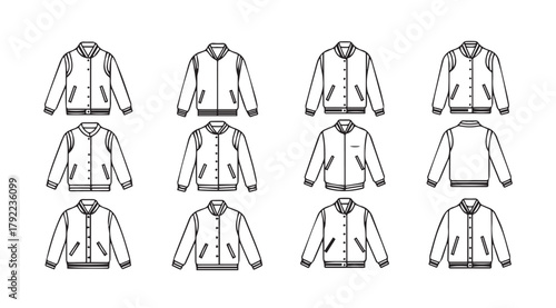 Collection of bomber jacket outlines in a clean silhouette style silhouette