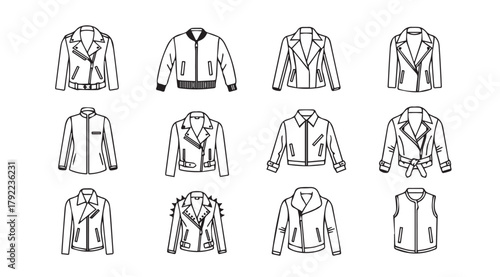 Collection of twelve different styles of leather jackets in a hand drawn sketch silhouette style