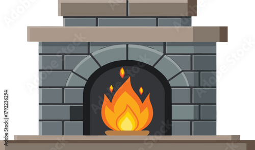 Cozy stone fireplace with warm flickering flames and hearth
