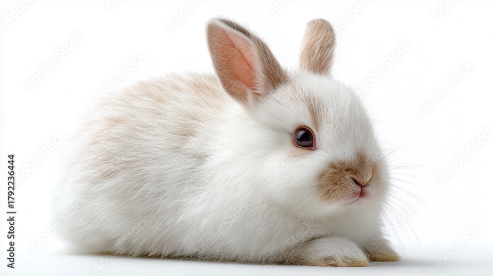 Fototapeta premium Fluffy white rabbit resting quietly on a white background during daylight hours