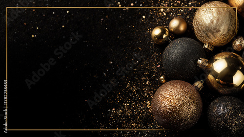 christmas background, 3D render, realistic pine garland and golden ornaments framing the edges, depth of field, large empty center area, cinematic lighting, powerpoint slide background