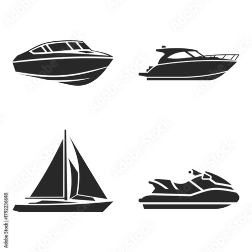 Water Transport Icons Set - Boat, Yacht, Sailboat, and Jet Ski Silhouettes