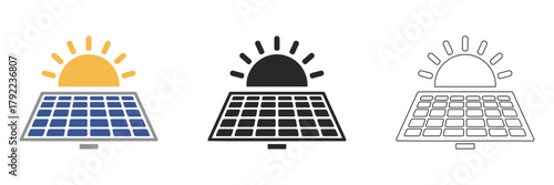 Solar Panel and Sun solid Icons Set for Renewable Energy. Solid coloured pictogram of solar panel and sun