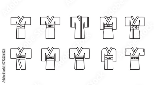Collection of ten traditional japanese kimono clothing items in a simple outline silhouette style