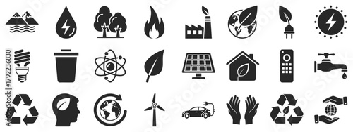 Sustainable Energy and Ecology Concept poctogram solid glyph Icons Set