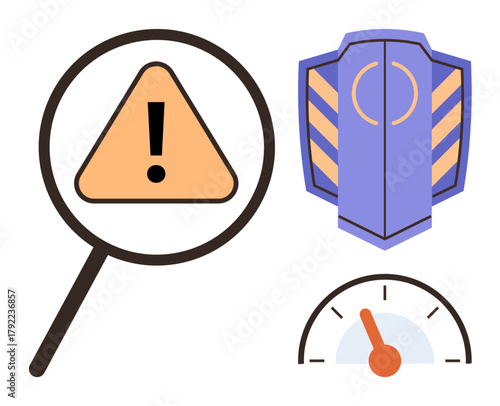 Magnifying glass over warning sign, shield, and speedometer represent analysis, safety, and performance. Ideal for security, audit, caution, optimization monitoring analytics data transparency