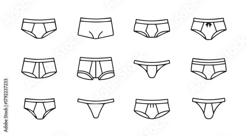 Collection of various men s underwear styles in a hand drawn silhouette style