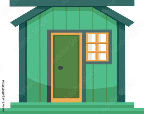 Green wooden shed with door and window on steps
