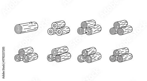 Collection of eight different wood log pile arrangements in a clean black and white silhouette style