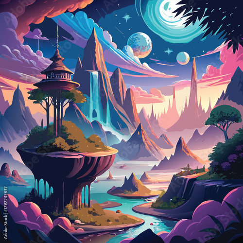 Vibrant otherworldly landscape with a unique floating island, ancient pagoda, serene waterfalls, and alien celestial bodies , vector, illustration