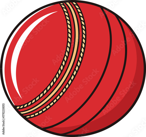 Red cricket ball with stitched seam on white background