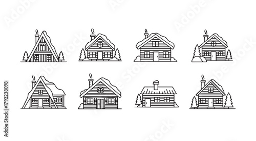 Collection of eight rustic wooden cabin silhouettes with snow covered roofs silhouette