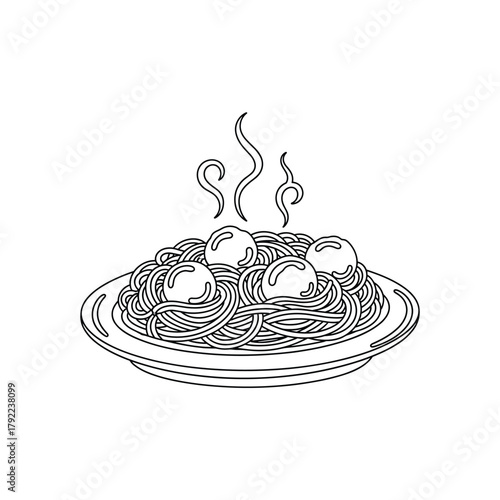 Hand drawn illustration of steaming spaghetti and meatballs on a plate