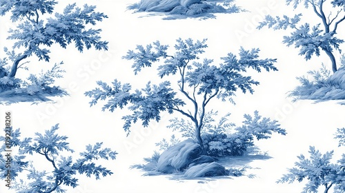 Seamless Pattern Of Blue Toile Trees On White Background. Vintage Botanical Texture For Wallpaper, Fabric, Nature-Inspired Design Projects