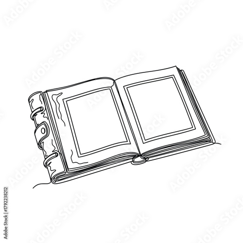 Hand drawn sketch of an open antique book with blank pages and visible binding