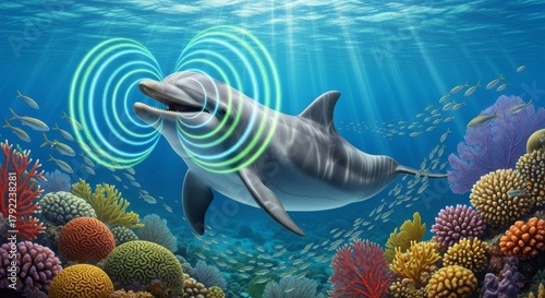 Fototapeta Naklejka Na Ścianę i Meble -  Bottlenose dolphin using echolocation in a coral reef