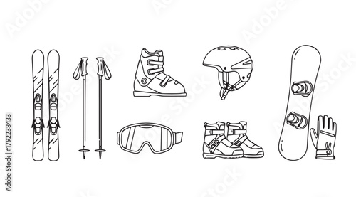 Collection of winter sports equipment including skis poles snowboard boots goggles and helmet silhouette