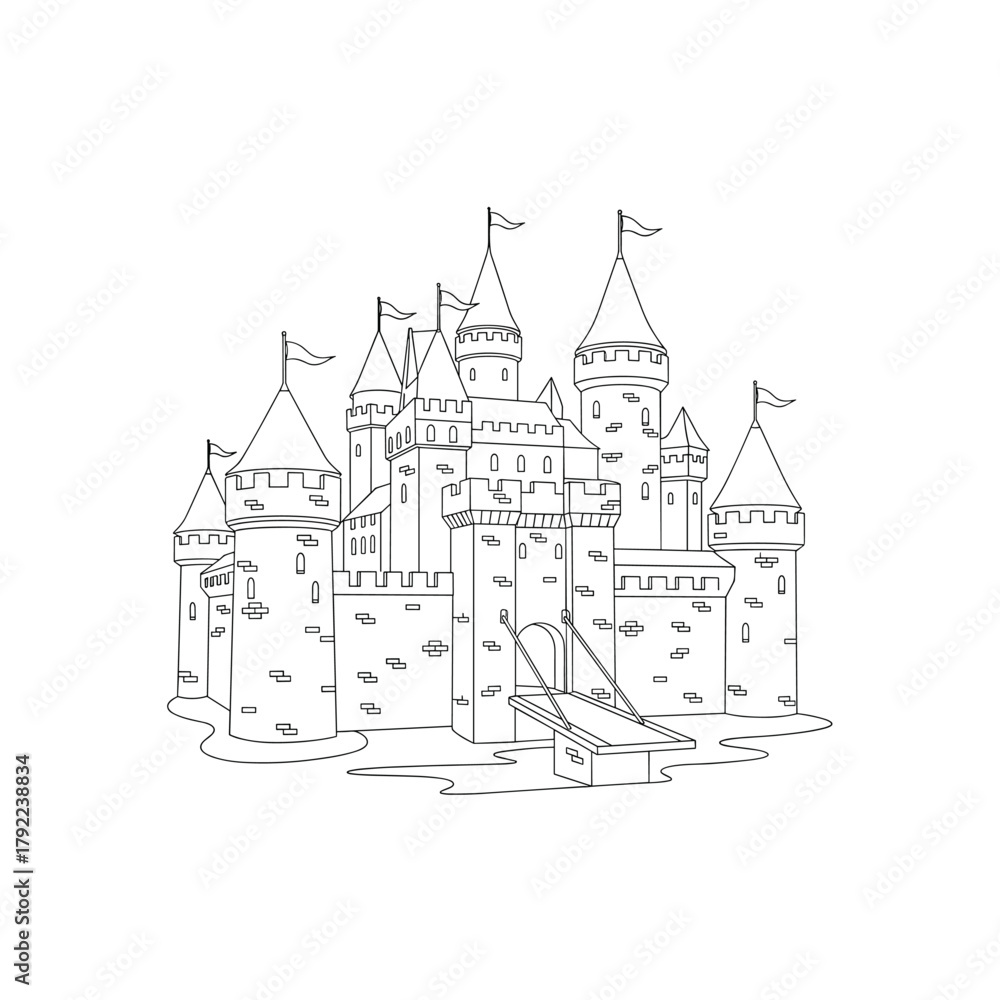 Fototapeta premium Intricate outline drawing of a majestic medieval castle with multiple towers and flags