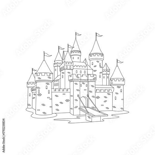 Intricate outline drawing of a majestic medieval castle with multiple towers and flags