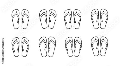 Collection of eight pairs of black and white flip flop sandals in a silhouette style