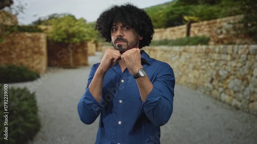 Man with fists raised to guard, curly hair and blue shirt, watch on wrist, standing on stone street by a stone wall and shrubs;determination.
