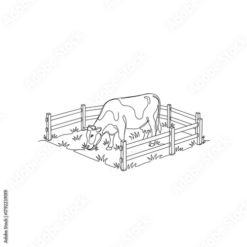 Line drawing of a pig lying down within a wooden fence enclosure