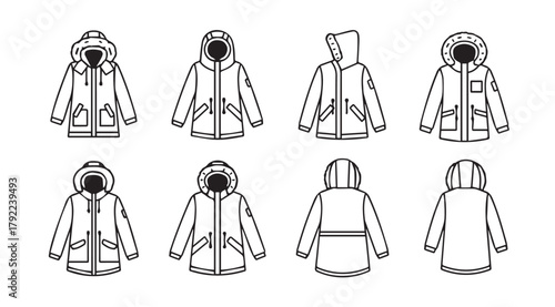 Collection of parka jacket fashion design sketches in silhouette style