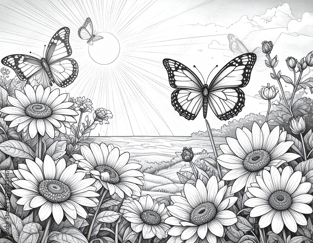 Obraz premium Coloring page, flower theme with butterflies and sunshine