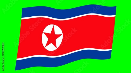 風になびくシンプルな北朝鮮の国旗。(クロマキー)