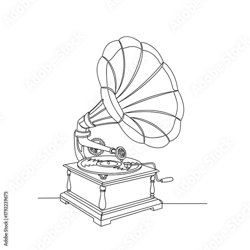 Vintage gramophone illustration with detailed mechanical components and amplifying horn