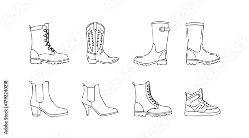Collection of diverse boot styles in a simple line drawing silhouette