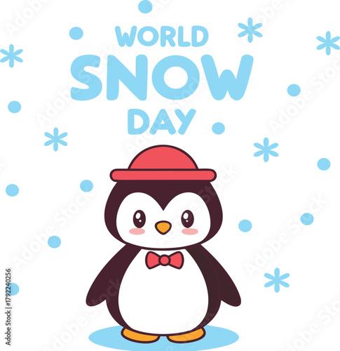 Cute cartoon penguin celebrating world snow day with snowflakes
