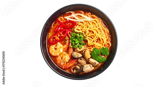 Asian spicy seafood noodle soup, seafood noodle with shellfish, shirmp, isolated on transparent background