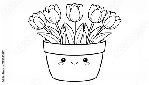 Kawaii pot with tulips coloring page for kids, Mother's Day coloring page