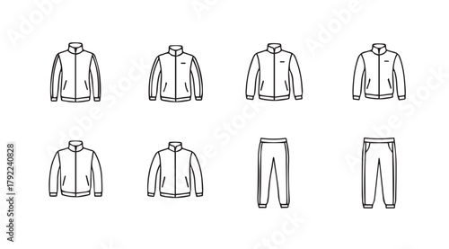 Collection of athletic tracksuit jacket and pants fashion design sketches silhouette