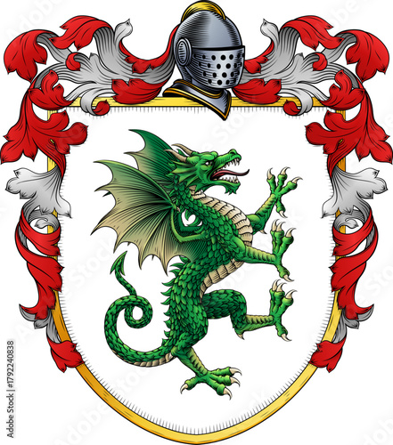 A dragon coat of arms or crest family heraldry medieval heraldic animal knight shield. With helmet and acanthus filigree scroll ornament in a vintage woodcut style.