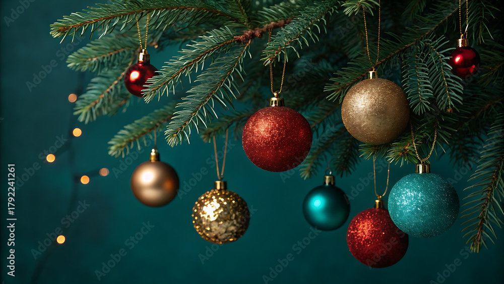 Naklejka premium Festively Decorated Christmas Tree with Ornaments and Lights | Photorealistic 8K Holiday Photography
