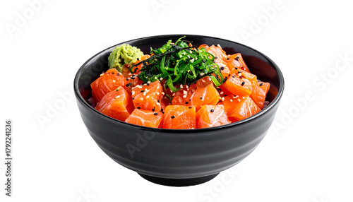 Salmon donburi japanese food low angle view, isolated on transparent background
